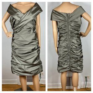 New TERI JON Sz 14 Stretch Taffeta Dress Taupe Metallic Ruched Mother Of Bride